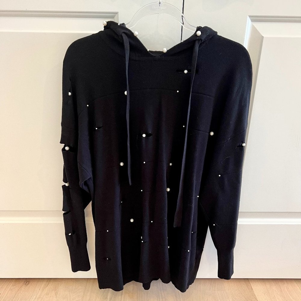 Zara black distressed hoodie with white pearls